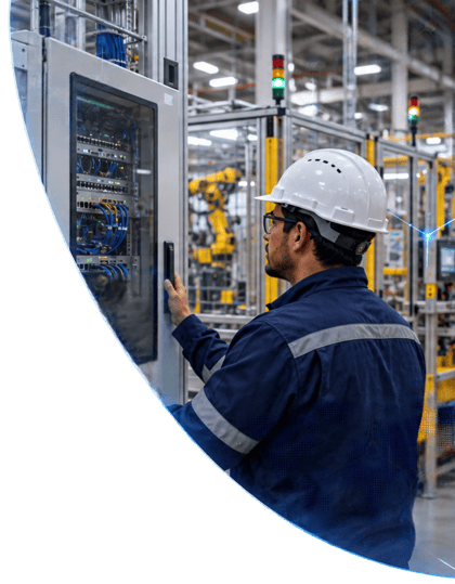 Profesional junto a infraestructura de red en una planta industrial